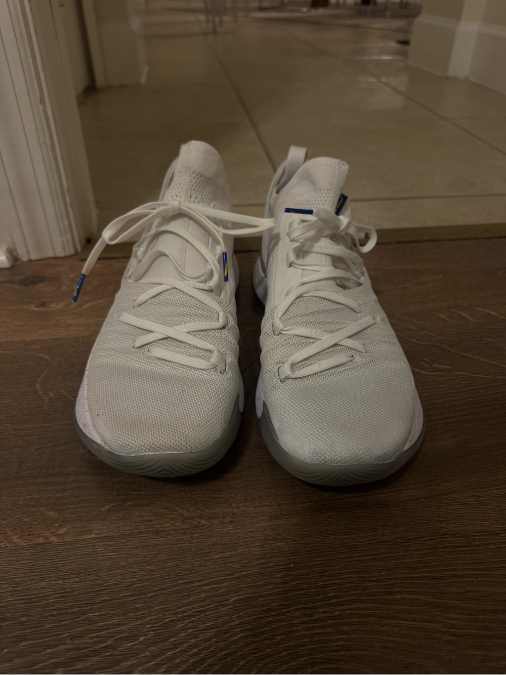 Under Armour Men’s White Athletic Knit Sneakers with Subtle Blue Accents